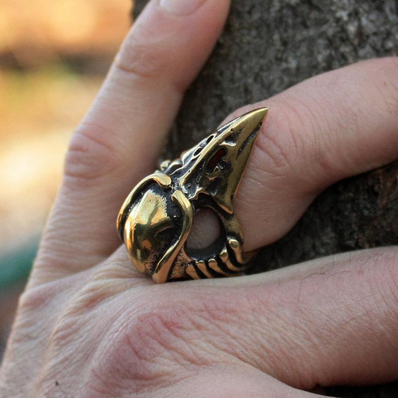 Men's Halloween Ancient Bronze Crow Bird Skull Ring