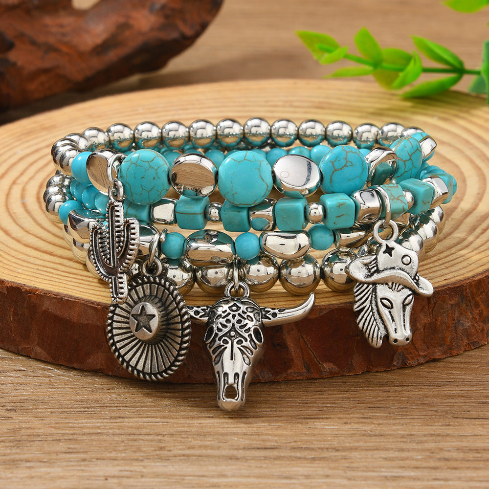 Women's Turquoise Handmade Beaded Bull Head Cowboy Hat Match Bracelet