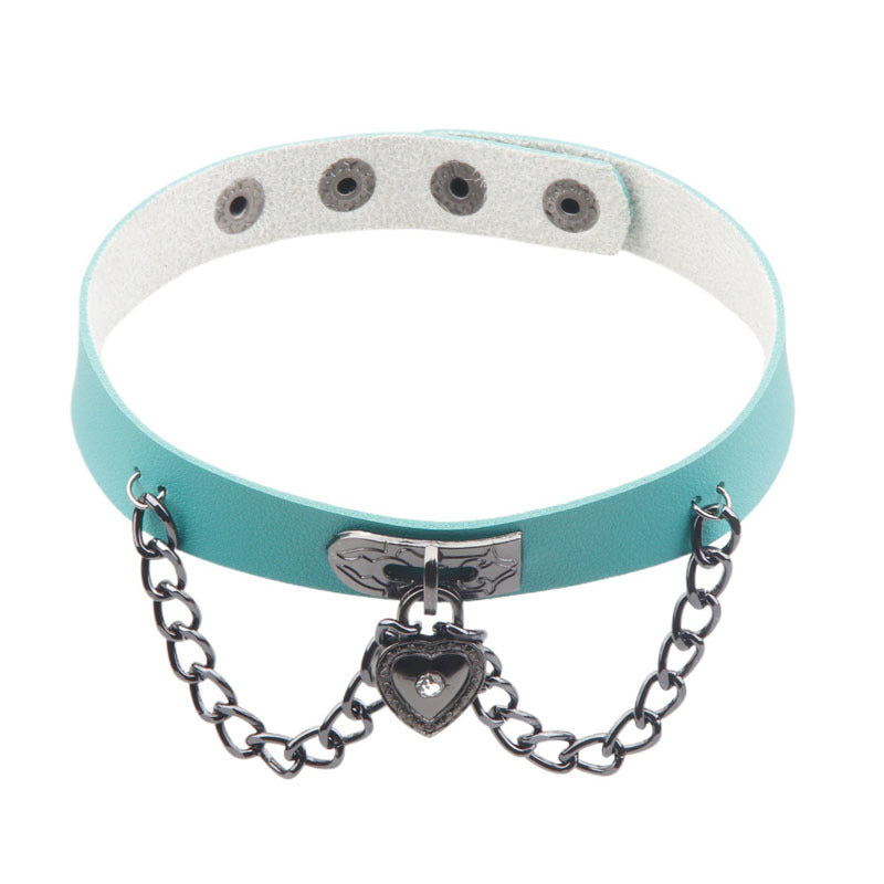 Dark Punk Heart Leather Chain Neck Band Peach Style Collar