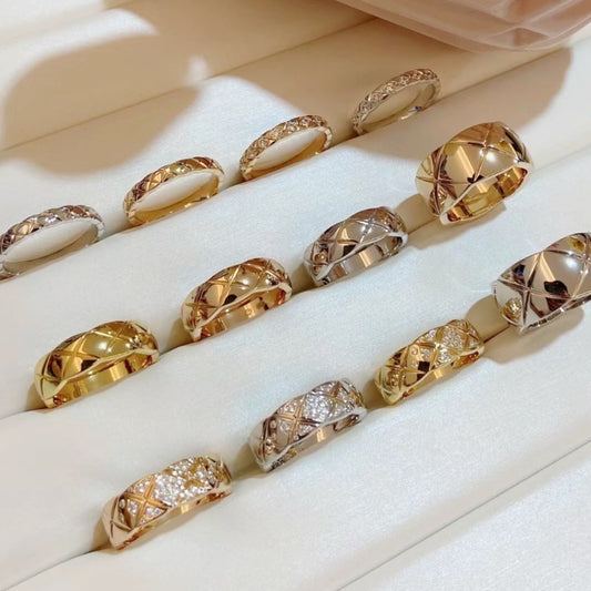 High Version Narrow Wide Gold-plated Diamond Grid Rings