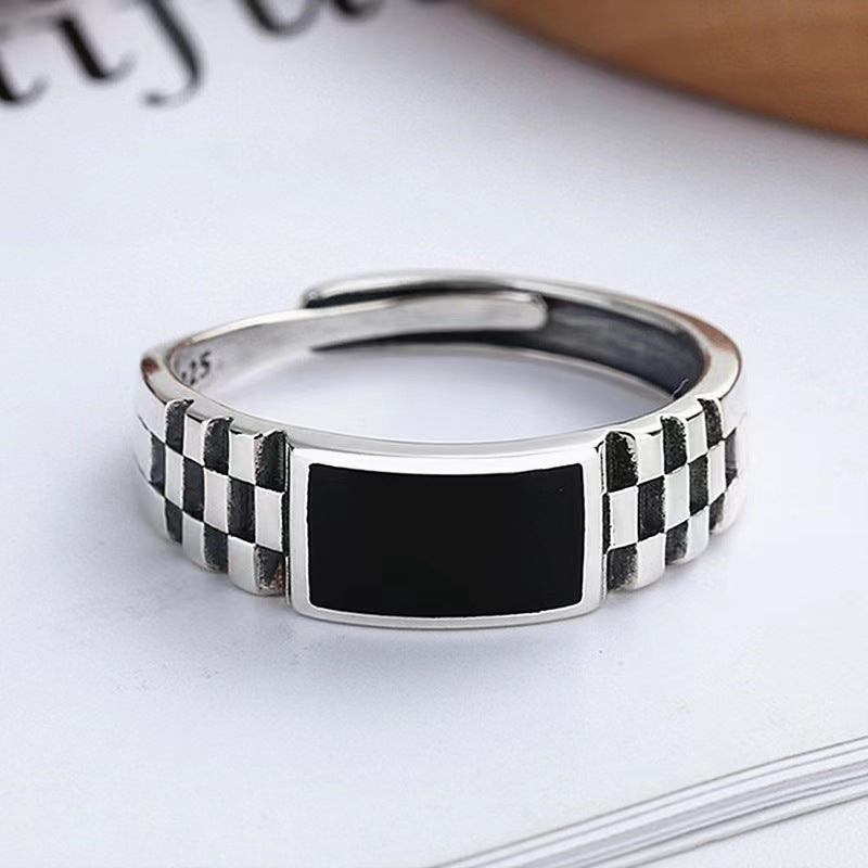 Sier Personality Fashion Drop Oil Plaid Punk Ring