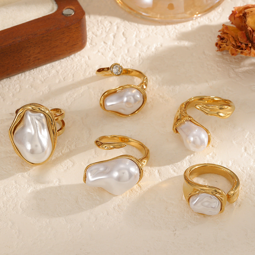 Steel Open Personality Adjustable Imitation Pearl Ring