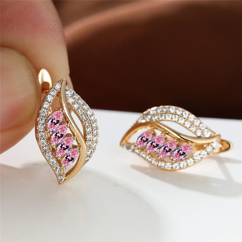 Green Empty Female Champagne Gold Four Diamond Leaf Micro High Stud Earrings