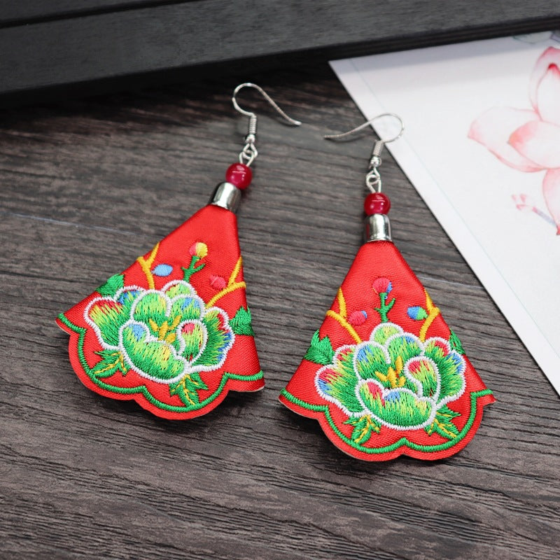 Women's Retro Ethnic Style Handmade Embroidered Fabric Long Flower Earrings