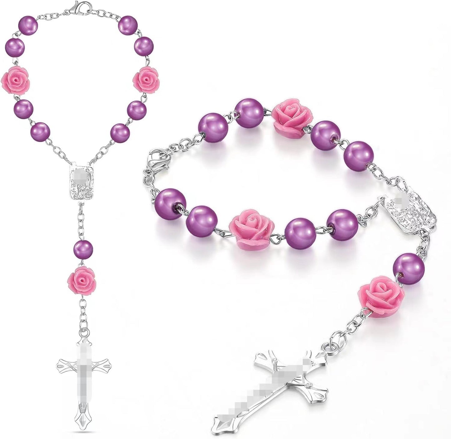 Baptism Communion Beads Cross Pink Flower Bracelets