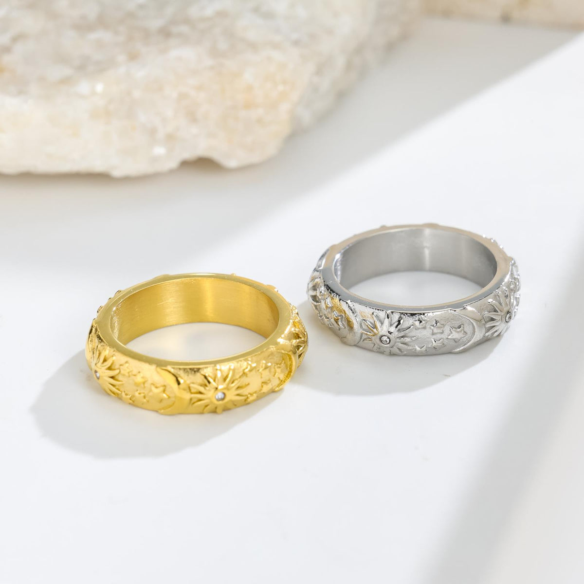 Embossed Sun Moon Graceful Fashionable Personality Titanium Steel Female Does Rings