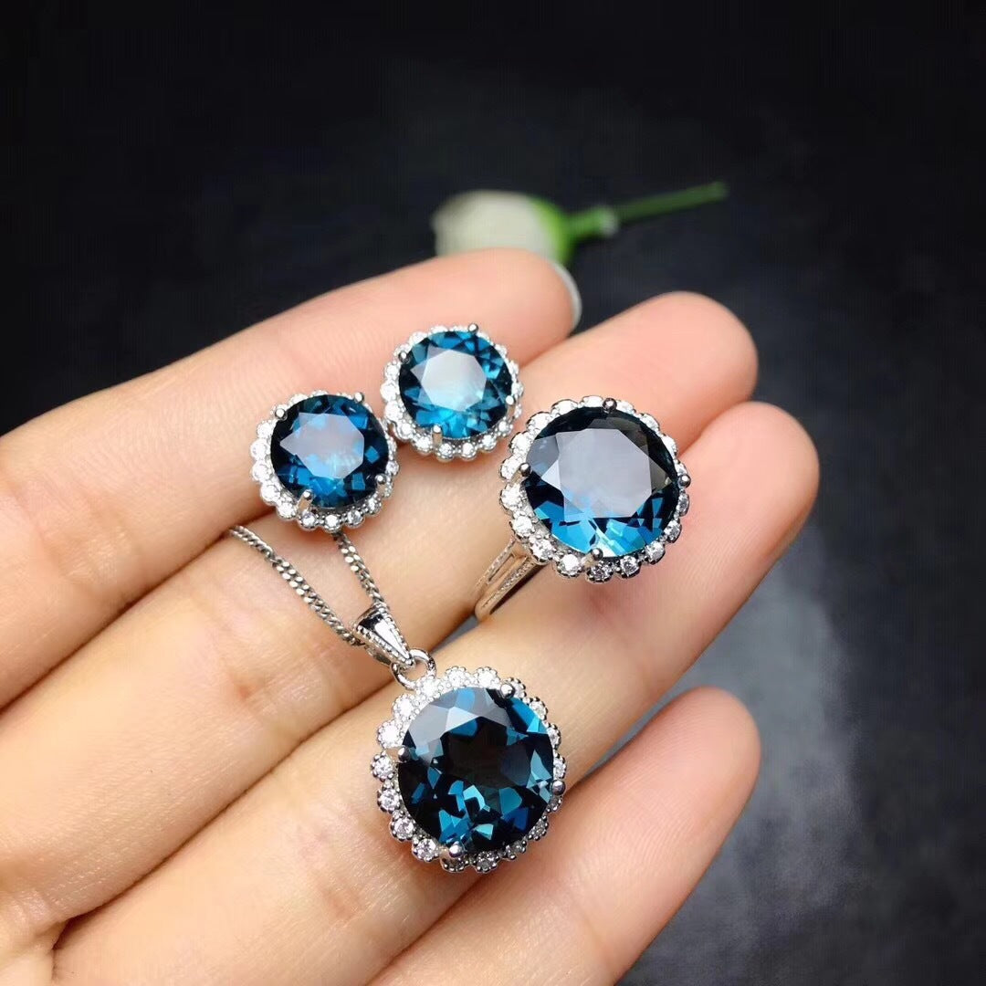 Live Broadcast Three-piece Colored Gems Ear Combination Personality Necklaces