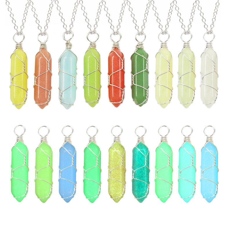 Color Luminous Stone Hexagon Prism Ornaments Fluorite Double Necklaces