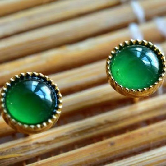 Imitation Chalcedony Copper Plated Inlaid Plastic Green Ear Simple Support Stud Earrings