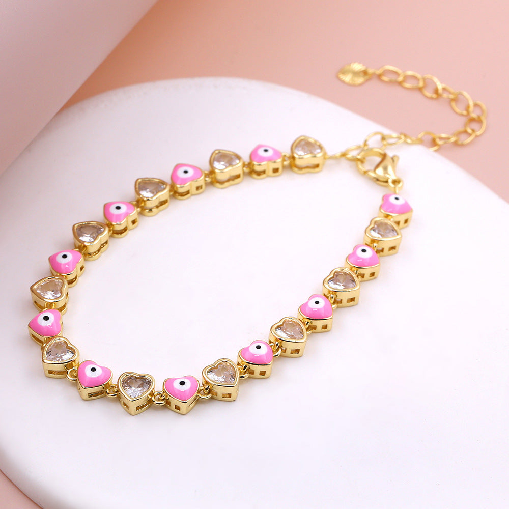 Heart-shaped Devil's Eye Zircon Micro Inlaid Electroplated Dripping Oil Fashion Bracelet