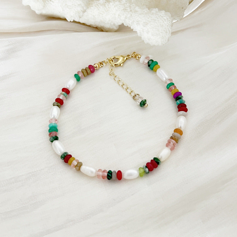 Women's Retro Colorful Stone Beaded Freshwater Pearl Elegant Light Bracelets