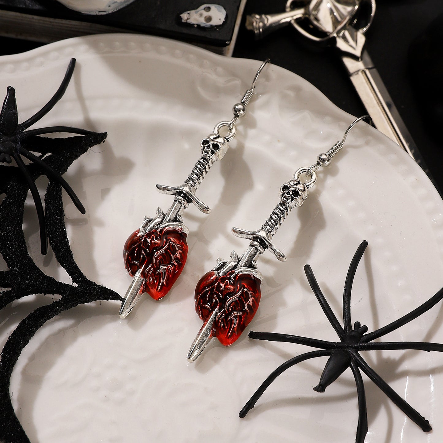 Exaggerated Halloween Gothic Horror Skull Heart Earrings