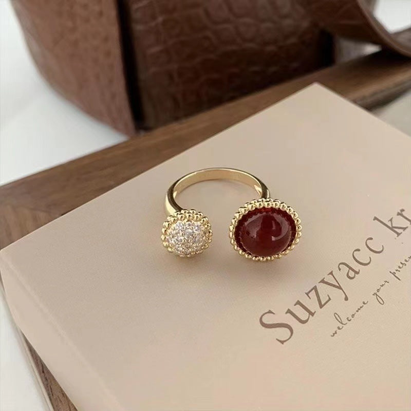 Women's Retro Red Rhinestone Ball For Light Luxury Minority Exquisite Design Ring