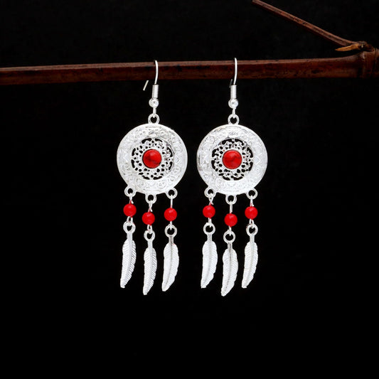 Miao Sier Colorful Long Feather Tassel Rings