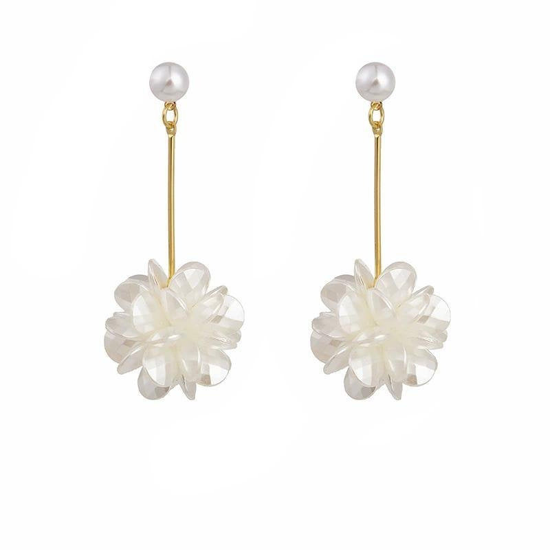 Women's Happy Duo Sweet Three-dimensional Flower Pearl Temperament Long Wild Earrings