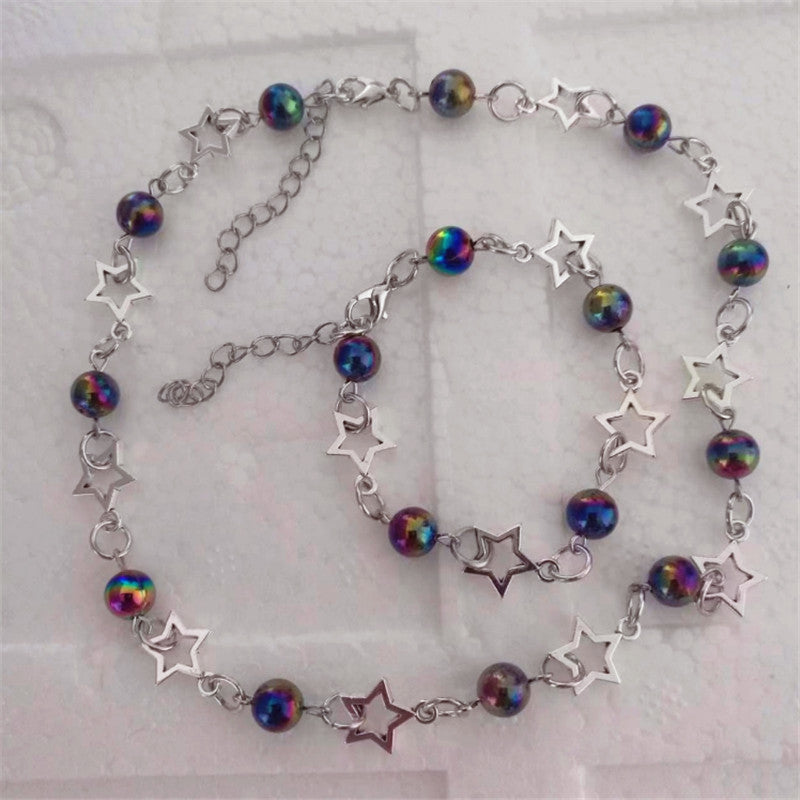 Pop Punk Hollow Pentagram Imitation Pearl Necklace