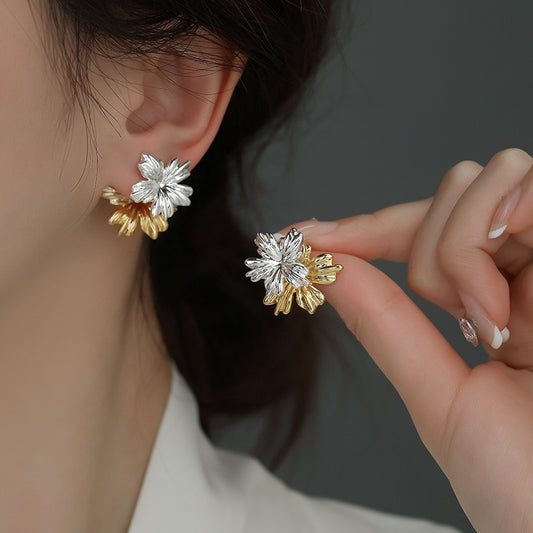 Women's Gold Sier Contrast Color Metal Flower Fashionable Unique Design Versatile Earrings