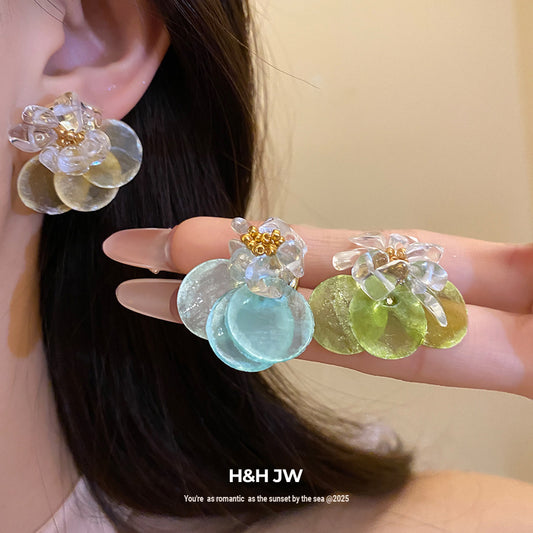 Women's Sier Needle Gravel Shell Round Niche High-grade Vacation Style Sweet Stud Earrings