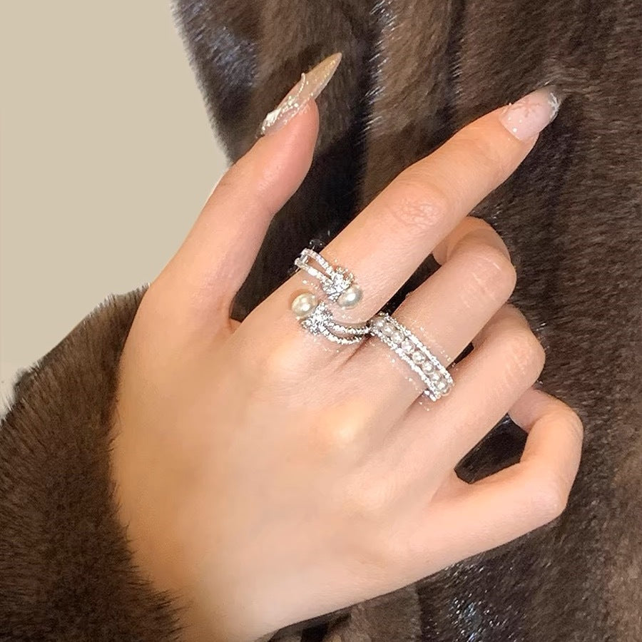 Women's Shining Diamond Steamed Bread Pearl Cross Gentle Temperament High Sense Ring