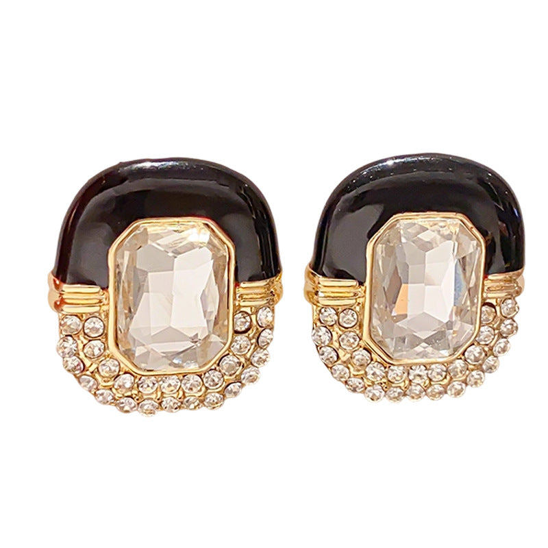 Sier Needle Light Luxury Diamond Drop Oil Oval Retro Fashion Stud Earrings