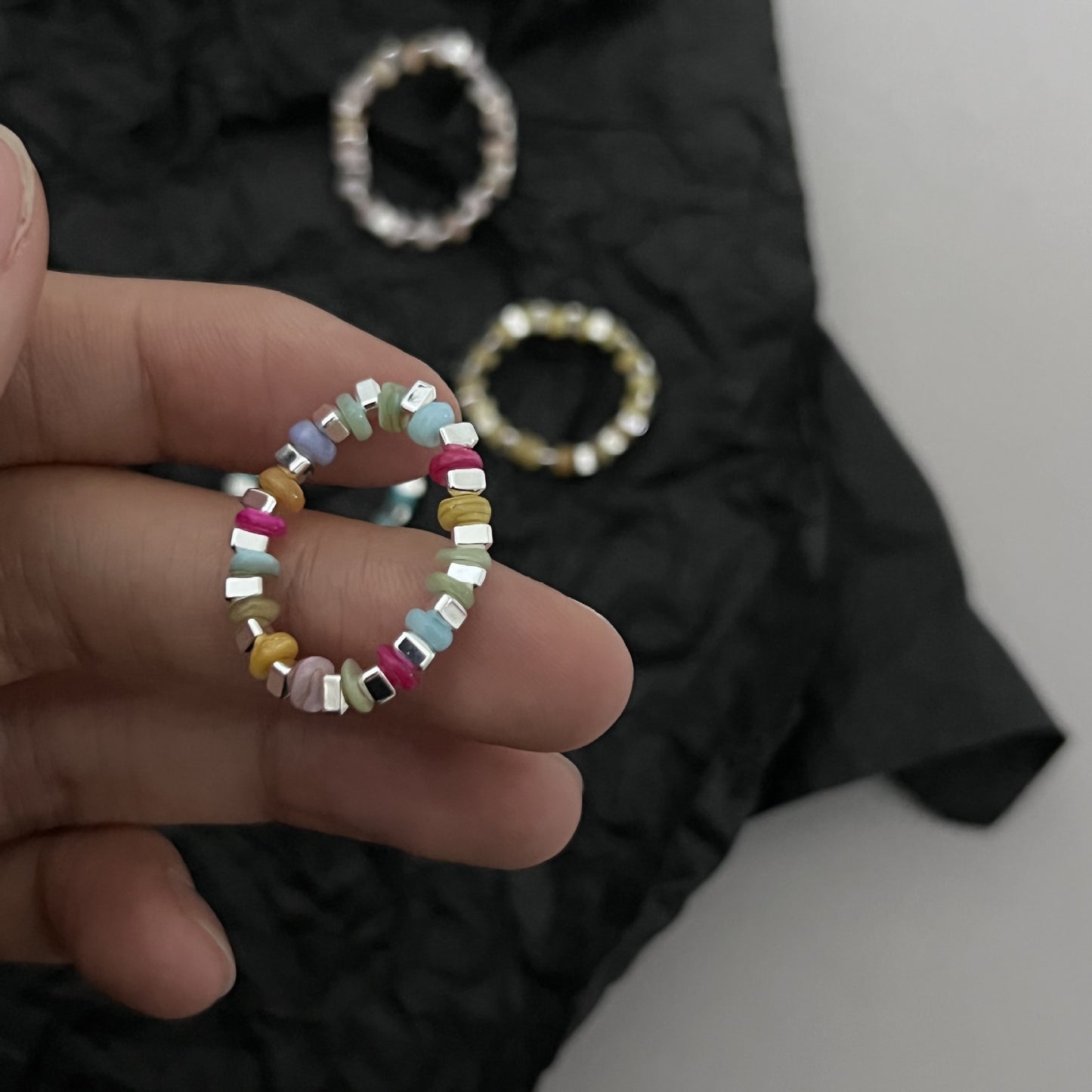 Wind Minority Simple Design Colored Stone Sier Beaded Metal Small Ring