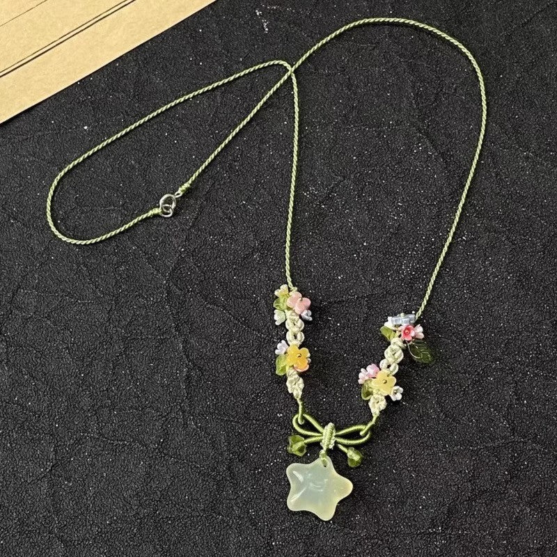 Summer Frozen Stars Green Crystal Colorful Small Flower Woven Carrying Necklaces