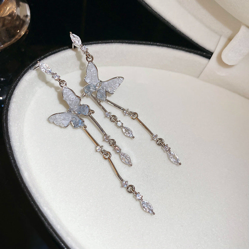 Fairy Gradient Butterfly Rhinestone Tassel Niche Design Unique Stud Earrings