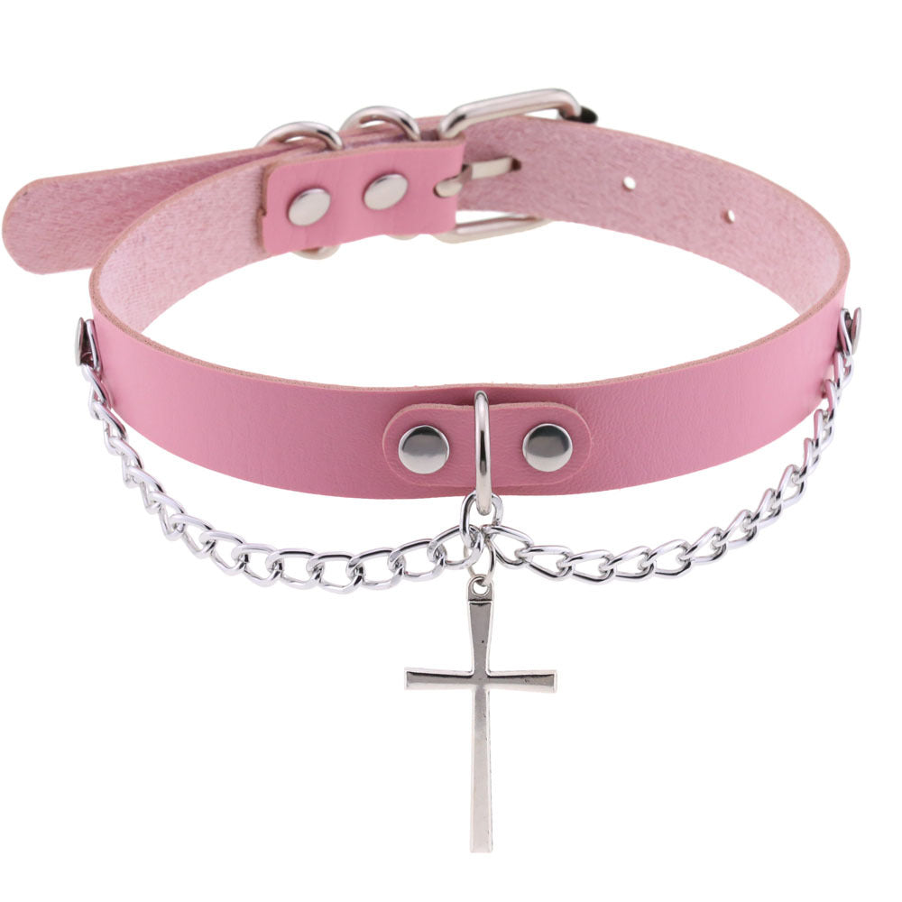 Leather Chain Cross Clavicle Classic Neckband Collar