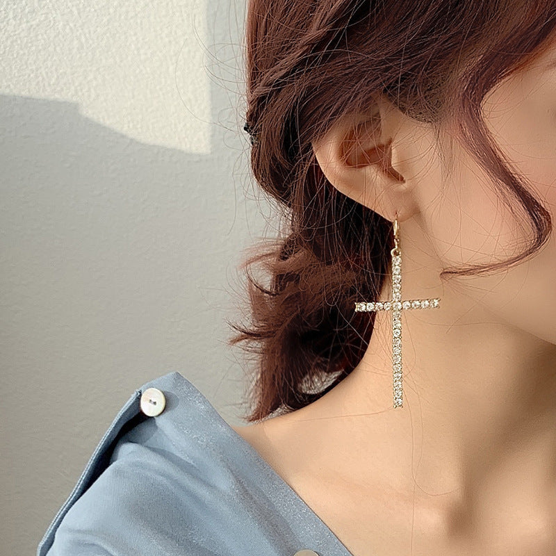 Elegant High-grade Cross Pearl Rhinestone Asymmetric Earrings