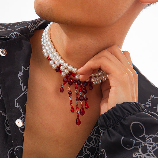 Men's Blood Drop Tassel Pearl Crystal Trendy Hip Hop Niche Necklaces