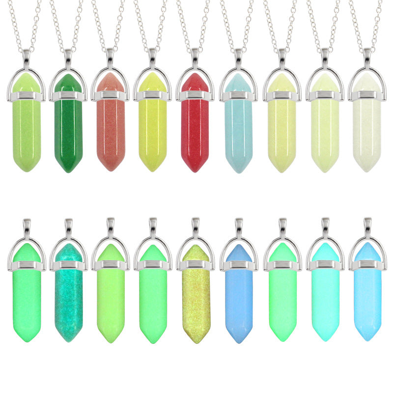 Color Luminous Stone Hexagon Prism Ornaments Fluorite Double Necklaces