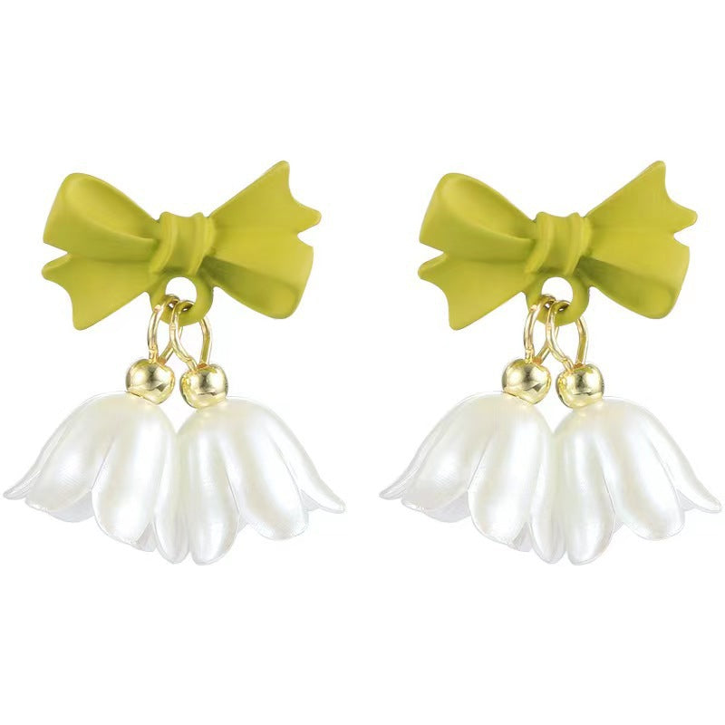 Sier-plated Ear Tulip Flower Green Bow Bell Female Earrings