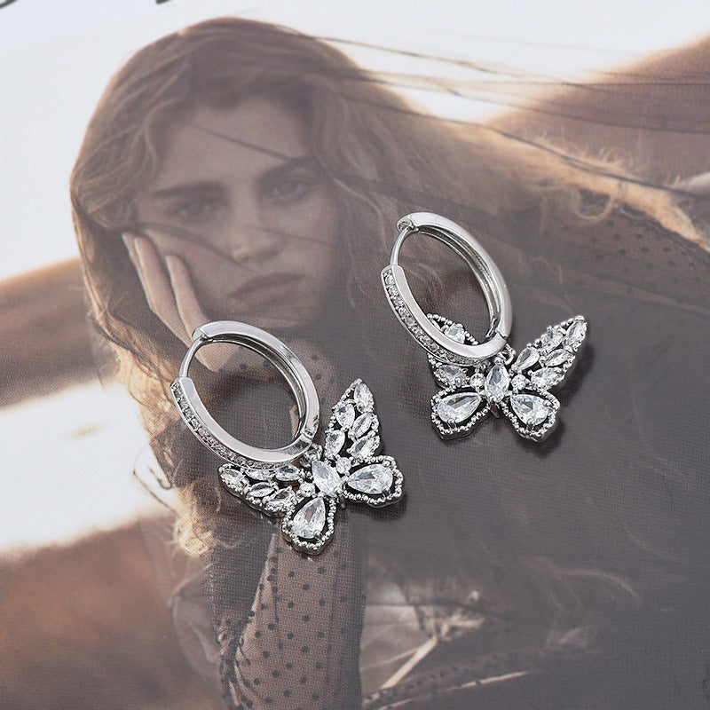 Micro Inlaid Zircon Temperament Female Niche Design Butterfly Eardrops Style Stud Earrings