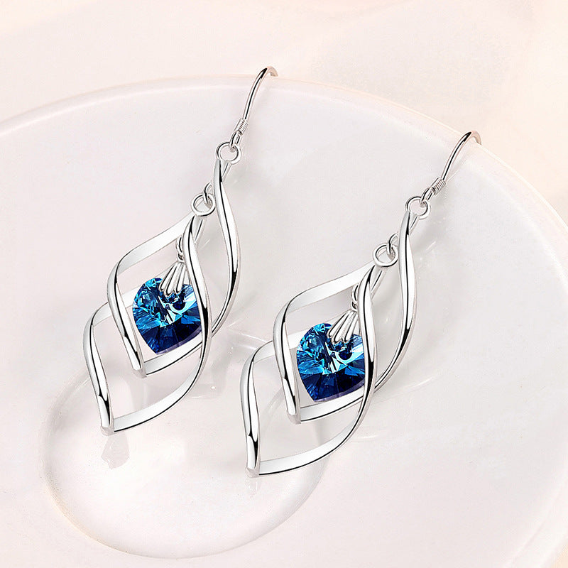 Rotating French Fashion Heart-shaped Blue Crystal Female Ocean Heart Stud Earrings