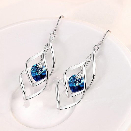 Rotating French Fashion Heart-shaped Blue Crystal Female Ocean Heart Stud Earrings