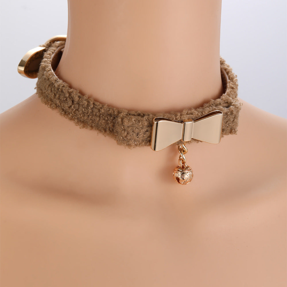 Cream Veet Cute Bow Bell Milk Tea Collar