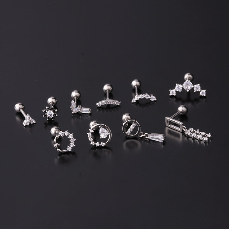 Stainless Steel Piercing Zircon Ear Bone Popular Screw Twist Ball Stud Earrings