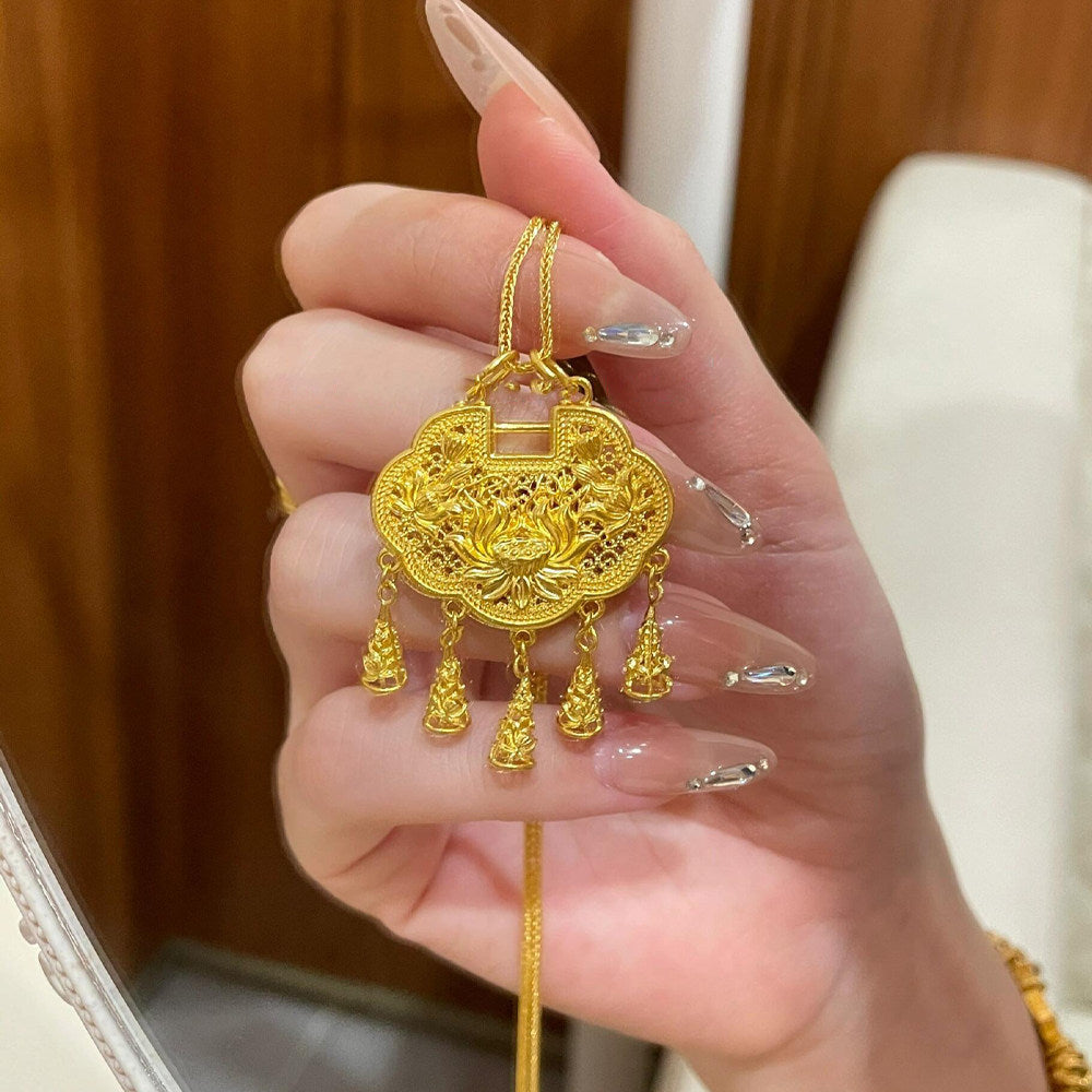 Women's Chinese Ancient Style Hollow Lotus Tassel Safety Lock National Fashion Necklaces