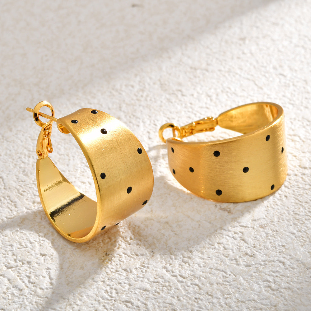 Retro Gold Brushed Black Polka Dot Earrings