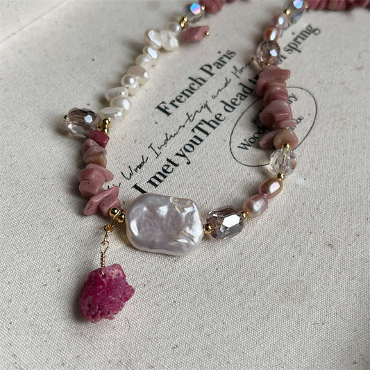 Pink Lovers Baroque Natural Freshwater Pearl Light Luxury Rose Stone Jewelry Set