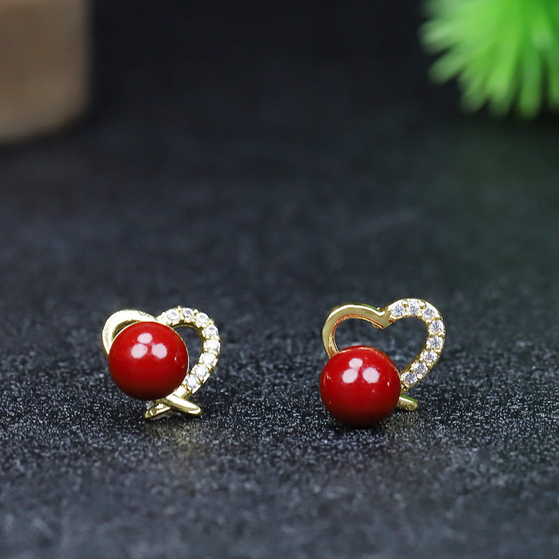Purple Gold Sandstone Inlaid Ear Cherry Cinnabar Swan Female Earrings