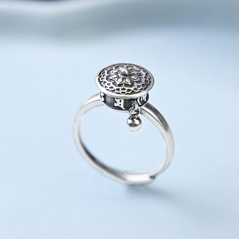 Women's Sier Six Words Mantra Heart Sutra Rotating Open Mouth Rings