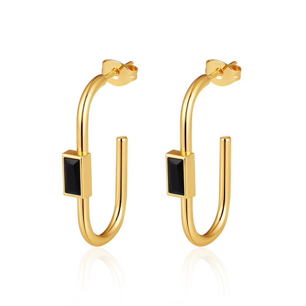 Women's Fashionable Oval Stainless Steel Square Zirconium High-grade Light Earrings