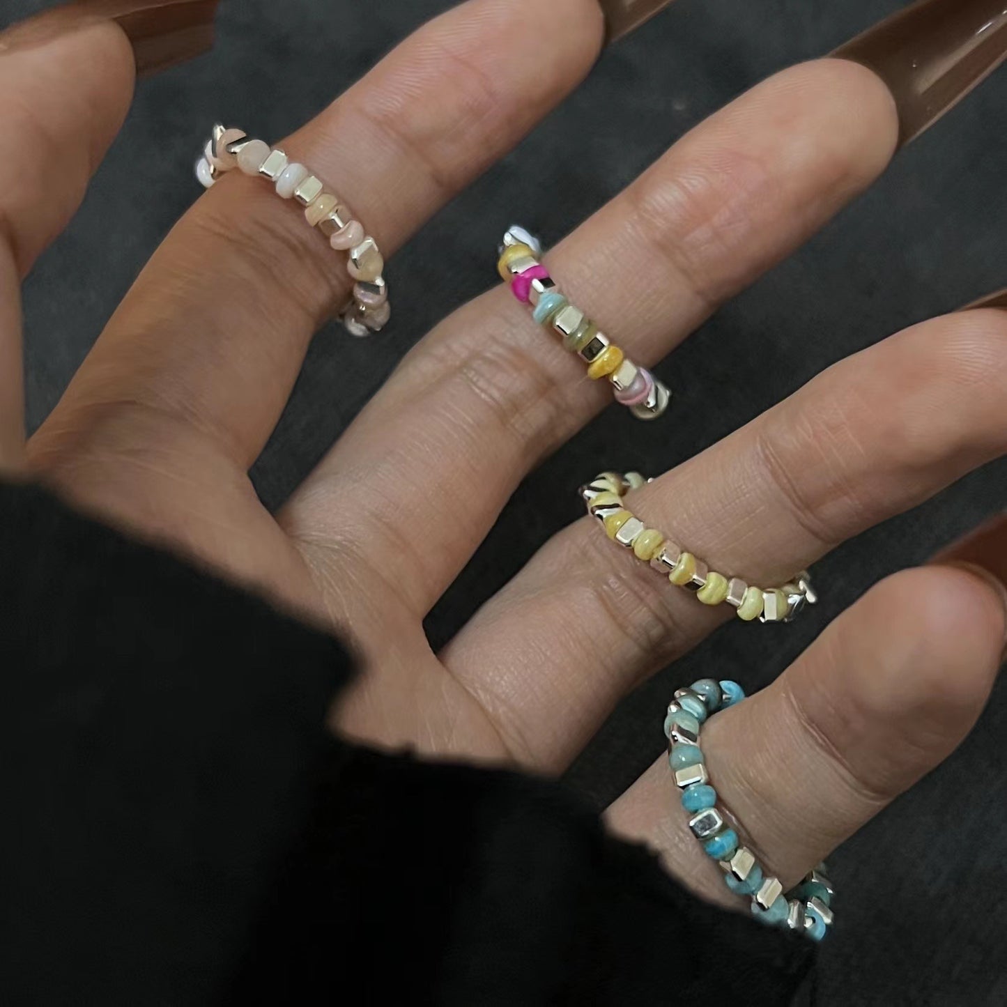 Wind Minority Simple Design Colored Stone Sier Beaded Metal Small Ring