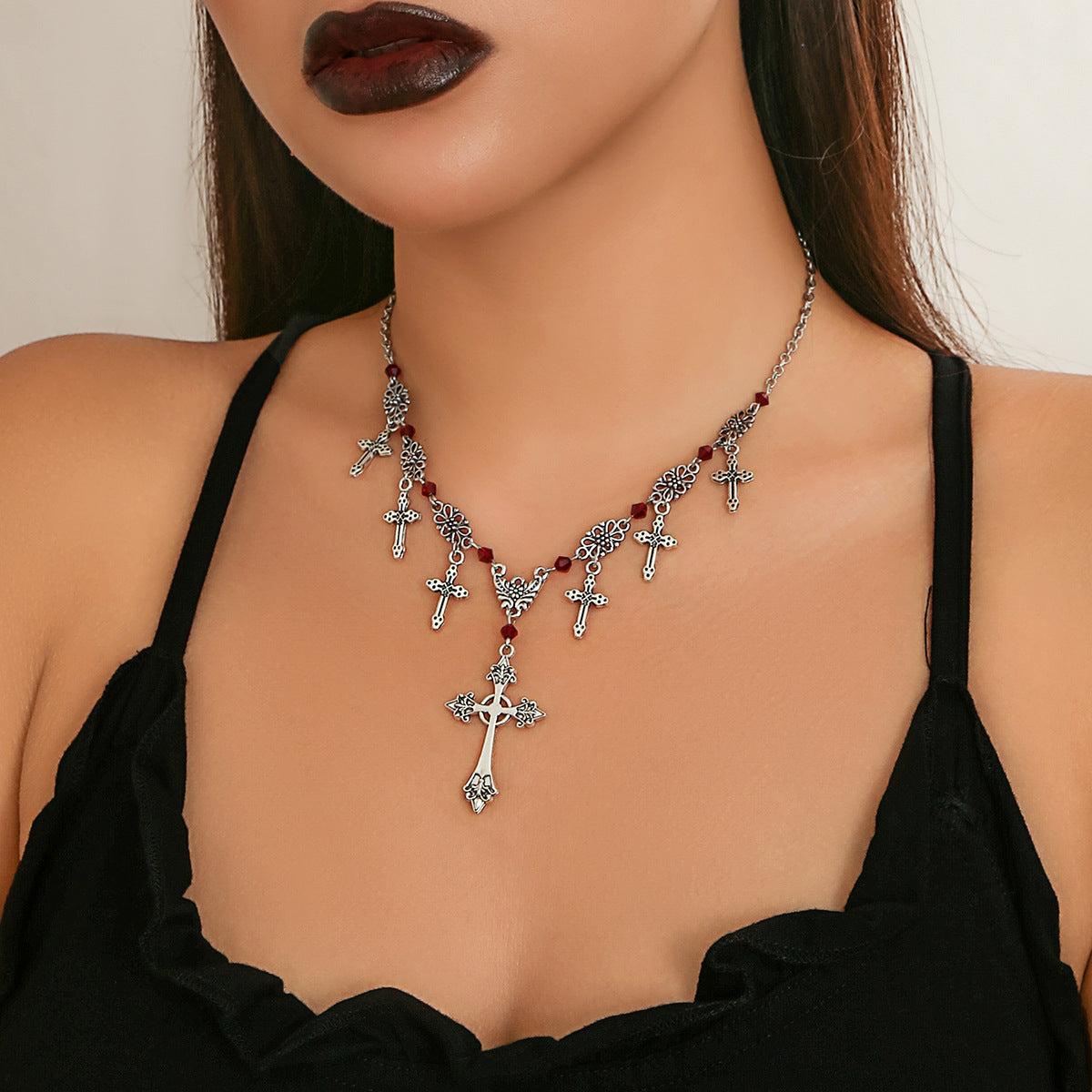 Women's Cross Retro Gothic Style Blood Drop Tassel Thorn Necklaces