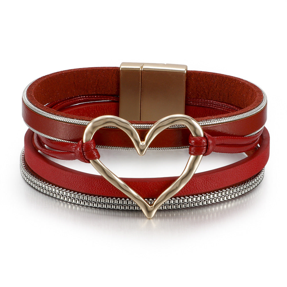 Women's Bohemian Style Leather Heart Fashion Magnetic Bracelet