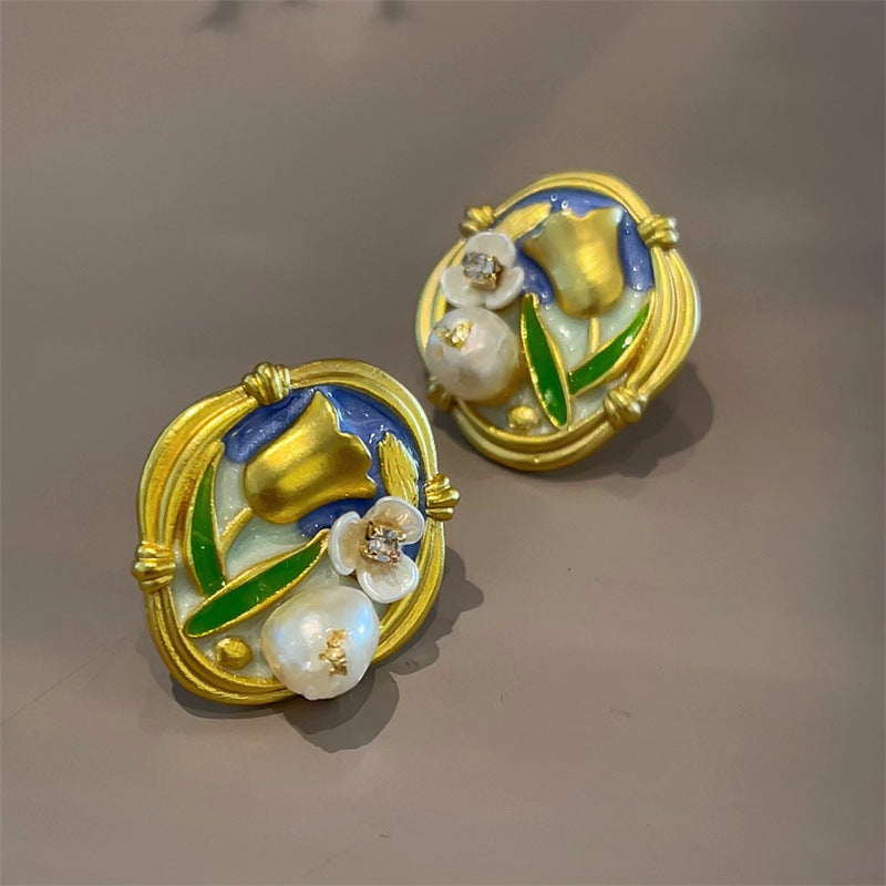 Jardin Monet Oil Painting Freshwater Pearl Flower Chinese Earrings