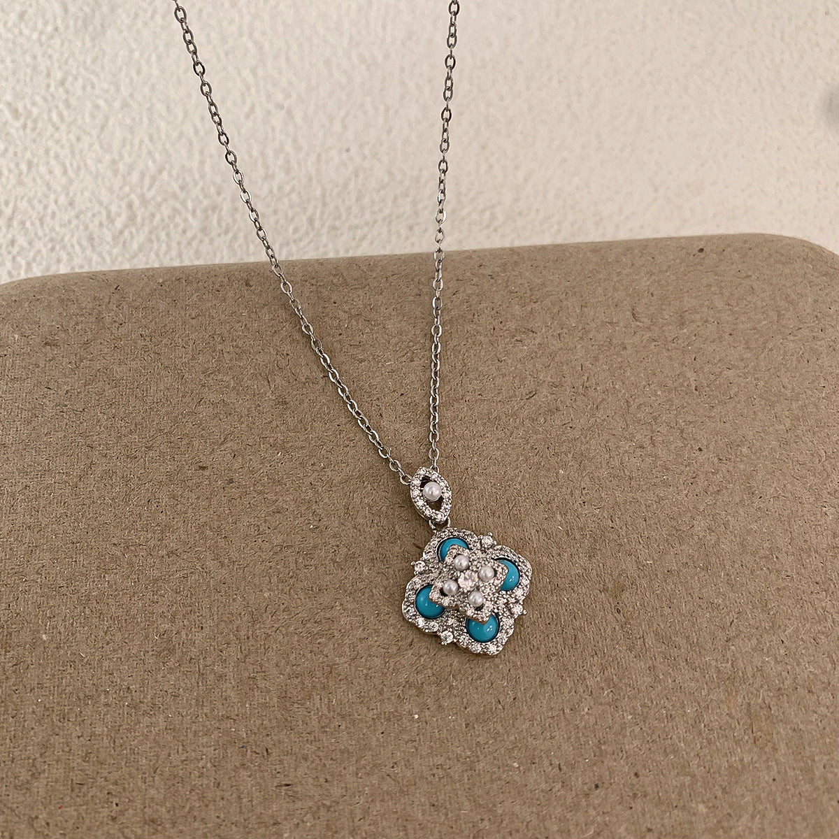 Zircon Turquoise Four-leaf Flower Pearl Ear Female Necklaces