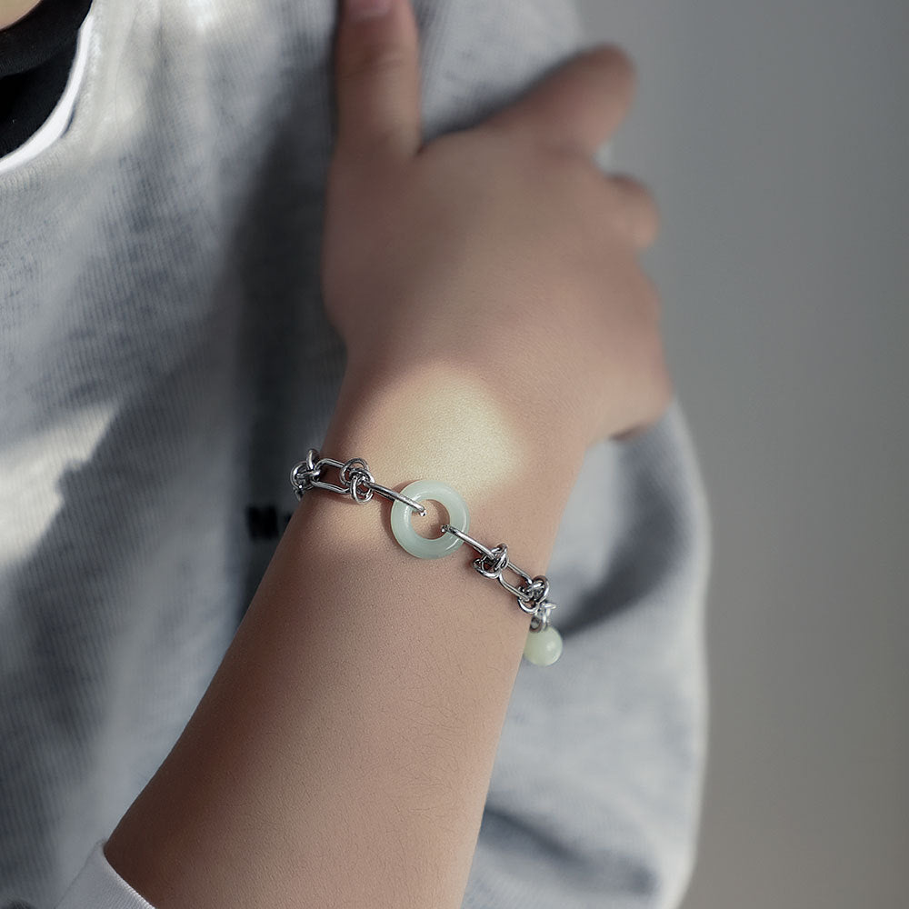 Surface Jade Safety Knot Mix Match Stitching Titanium Steel Retro Bracelet