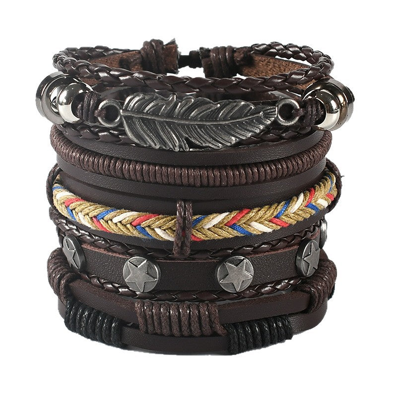 Vintage Weave Cattle Leather Leaves Star Combination Bracelets